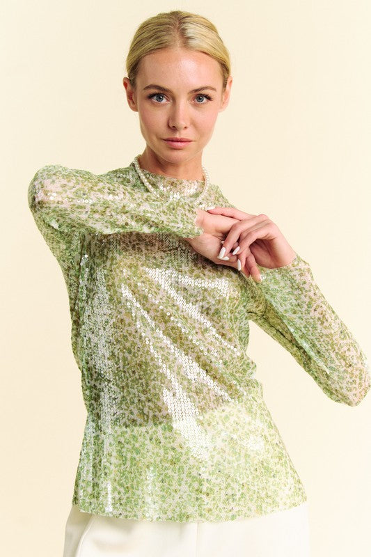 Sequin Mock Neck Long Sleeve Mesh Top