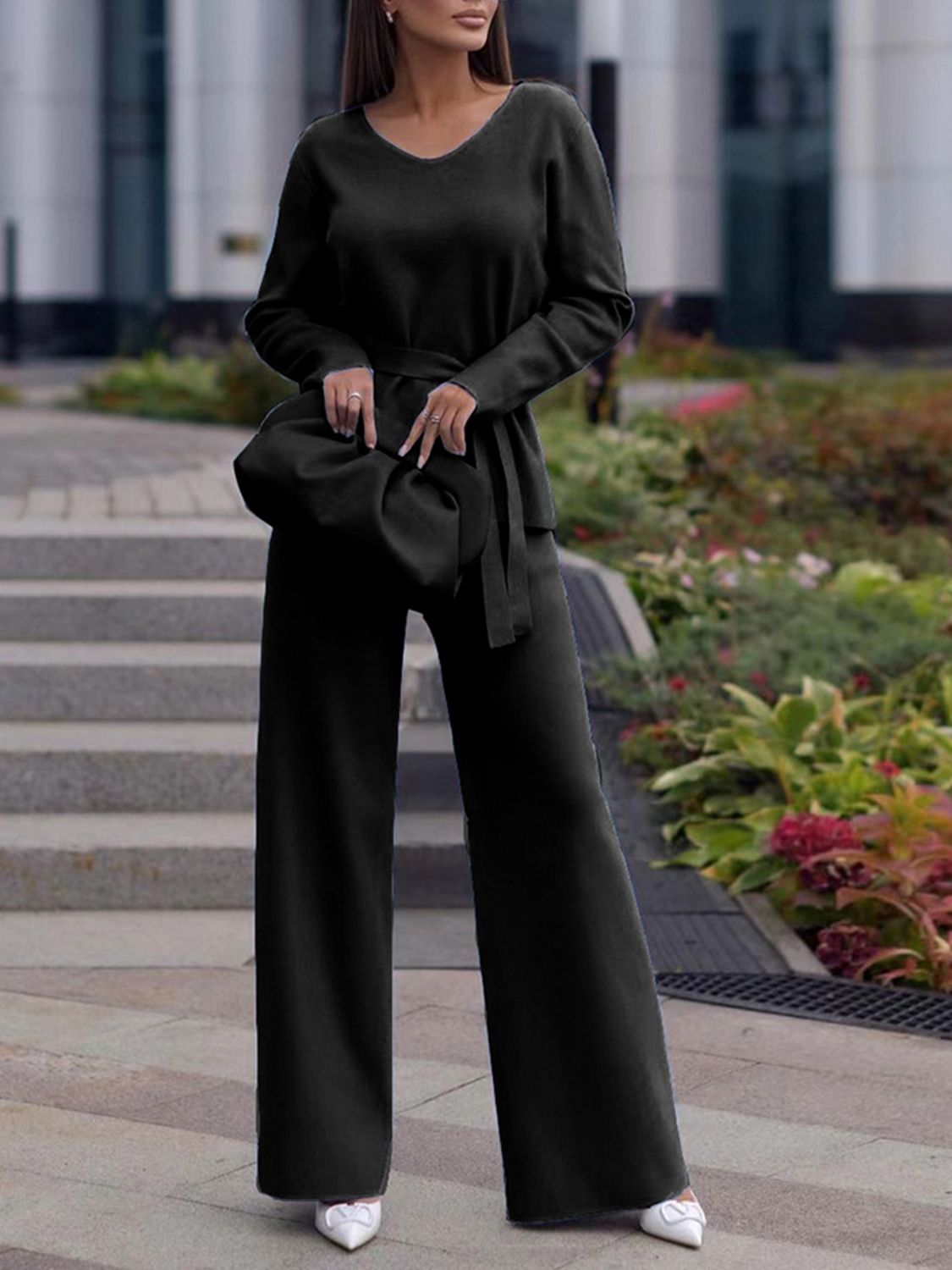 V-Neck Long Sleeve Top and Drawstring Pants Sweater Set