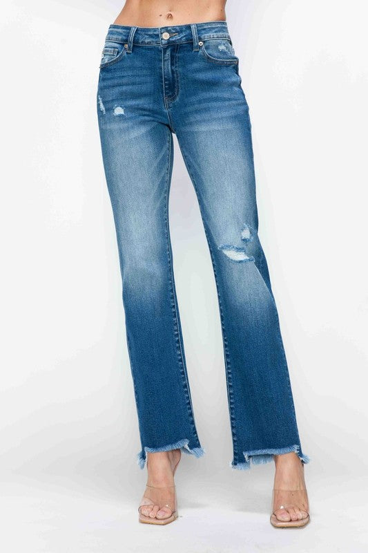 Full Size Raw Hem Distressed Mid Rise Straight Jeans