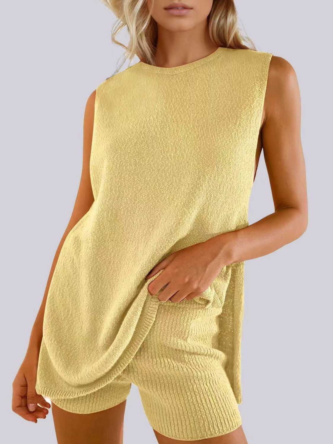 Side Slit Round Neck Tank and Shorts Sweater Set