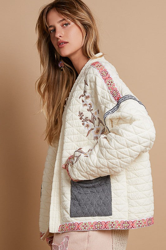 Embroidered Open Front Long Sleeve Jacket