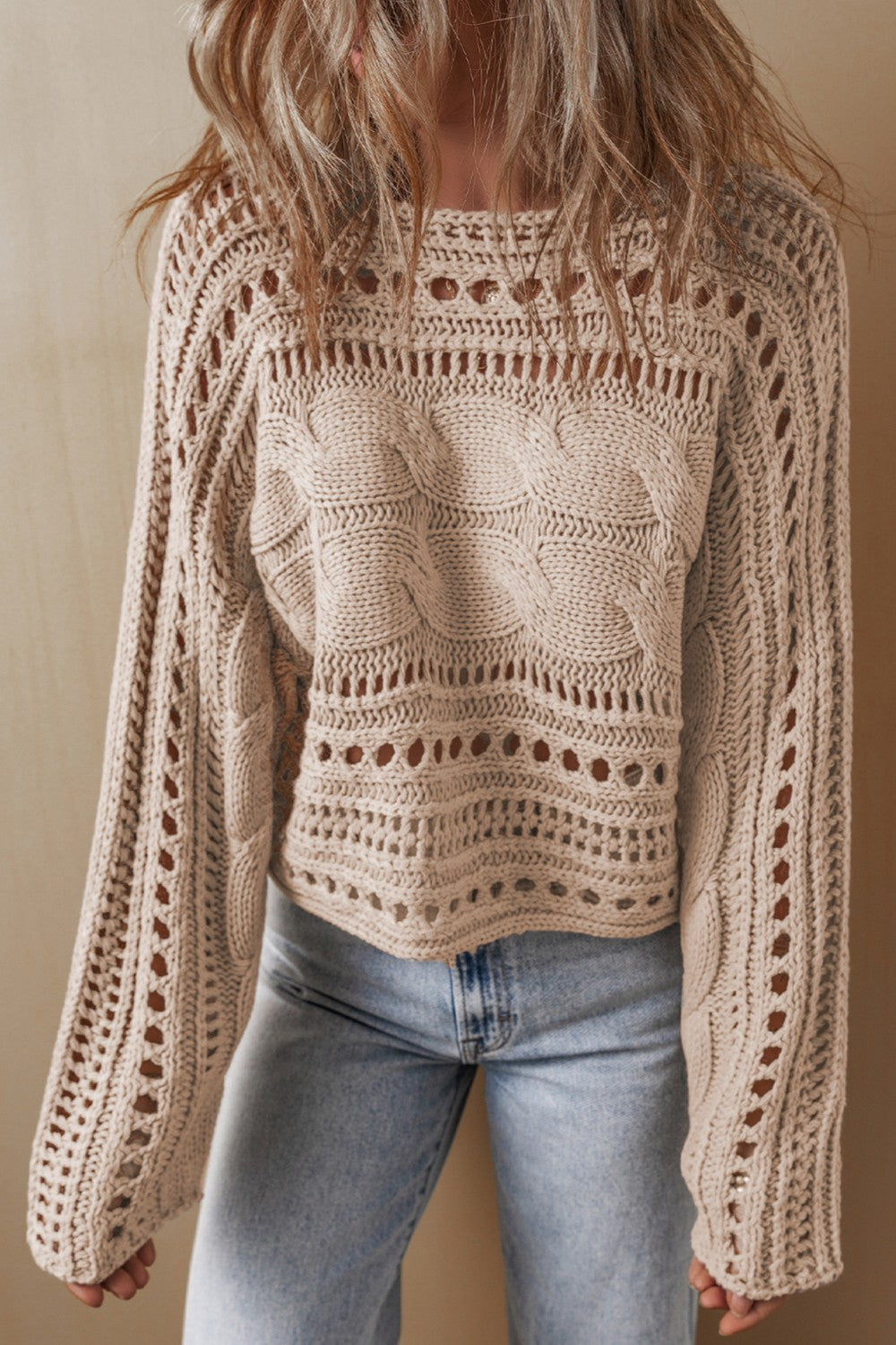 Cable-Knit Openwork Long Sleeve Sweater