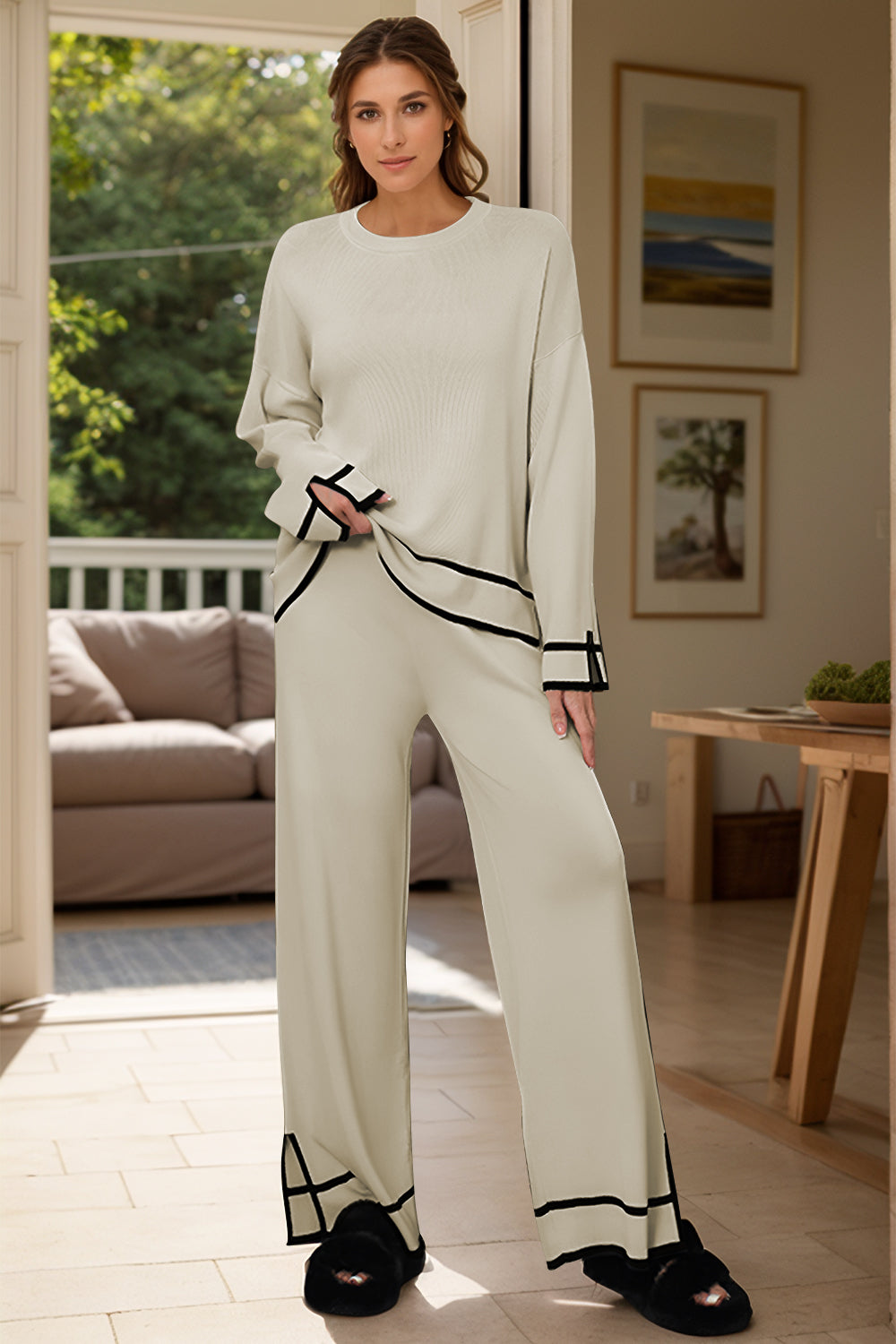 High-Low Round Neck Top and Pants Sweater Set