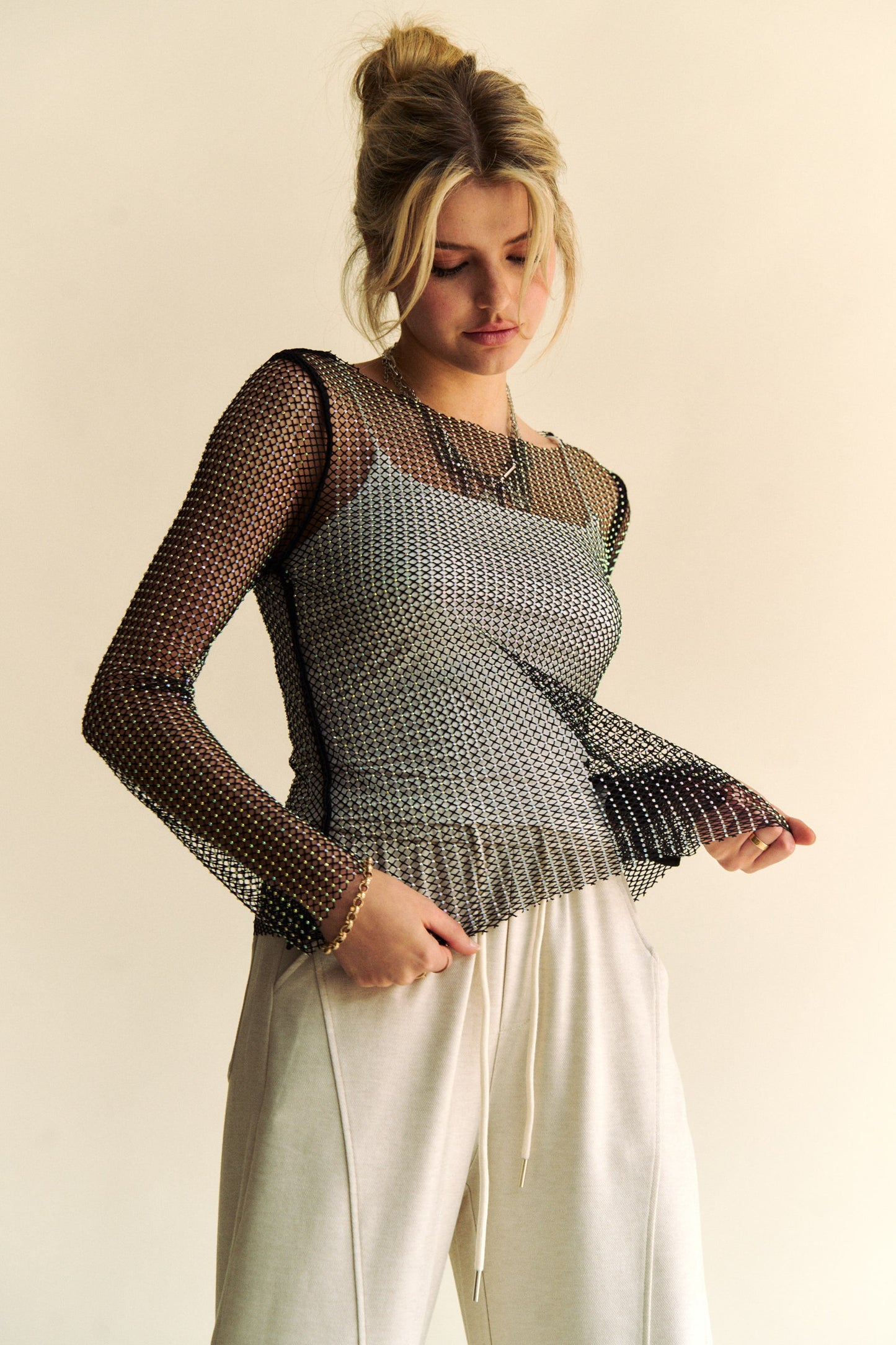 Sparkling Rhinestone Sheer Mesh Round Neck Top