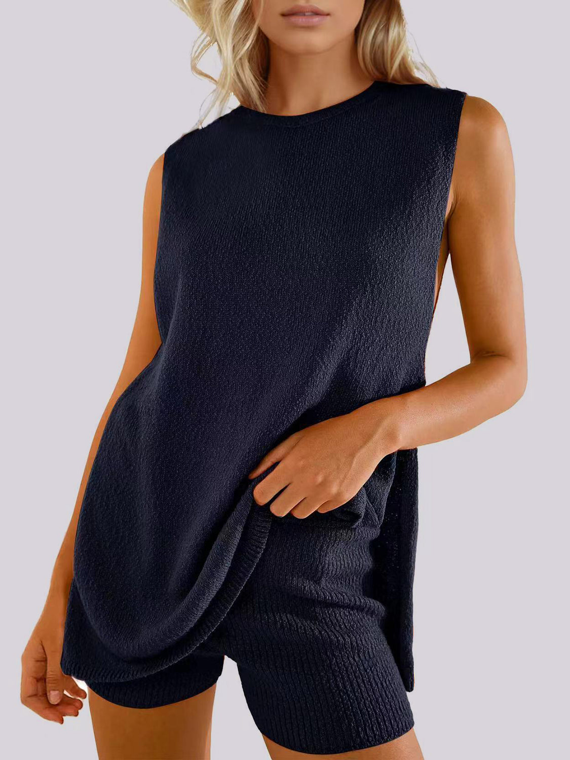 Side Slit Round Neck Tank and Shorts Sweater Set