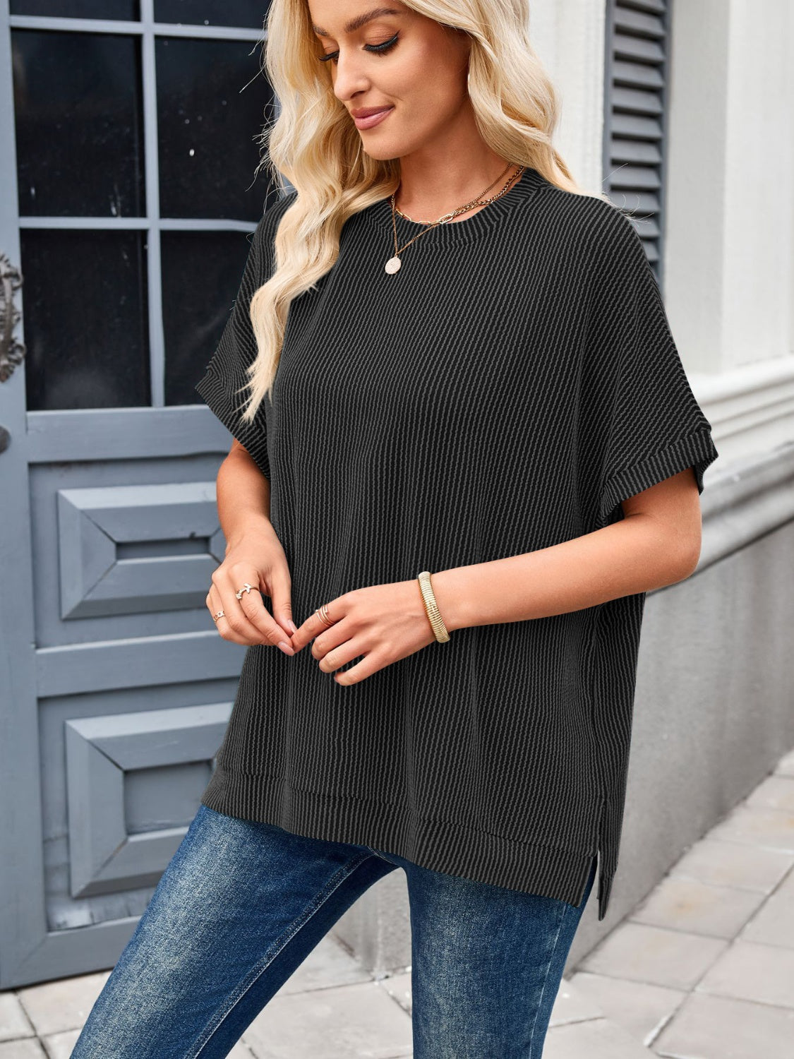 Texture Round Neck Short Sleeve T-Shirt