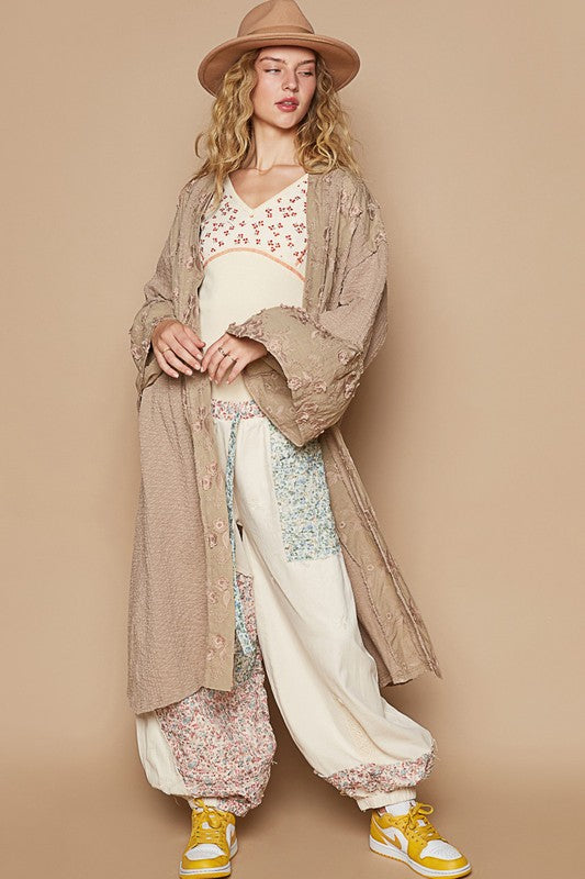 Flower Lace Trim Open Front Longline Cardigan