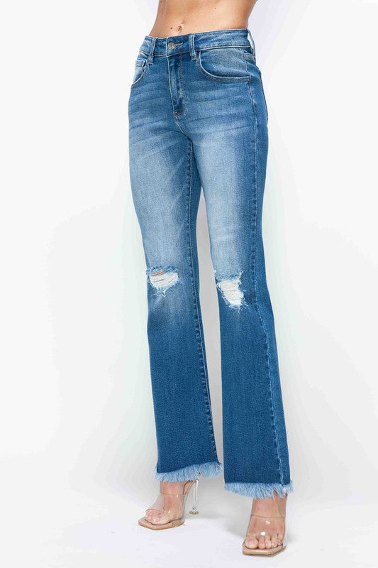 Full Size Raw Hem Distressed High Rise Bootcut Jeans