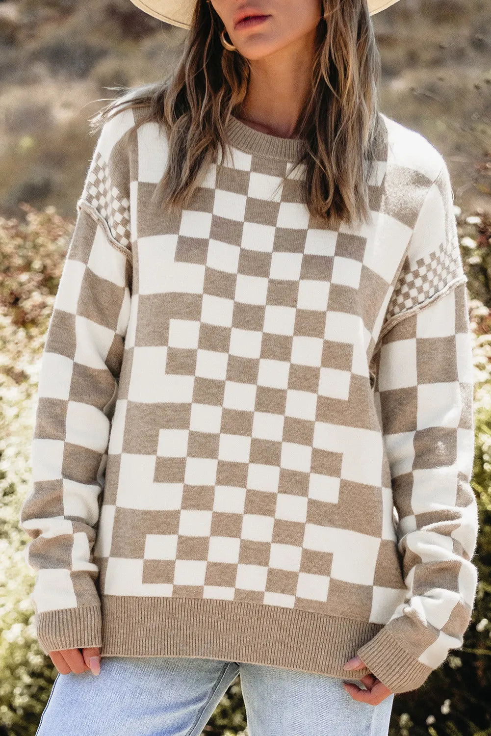 Checkered Round Neck Long Sleeve Sweater