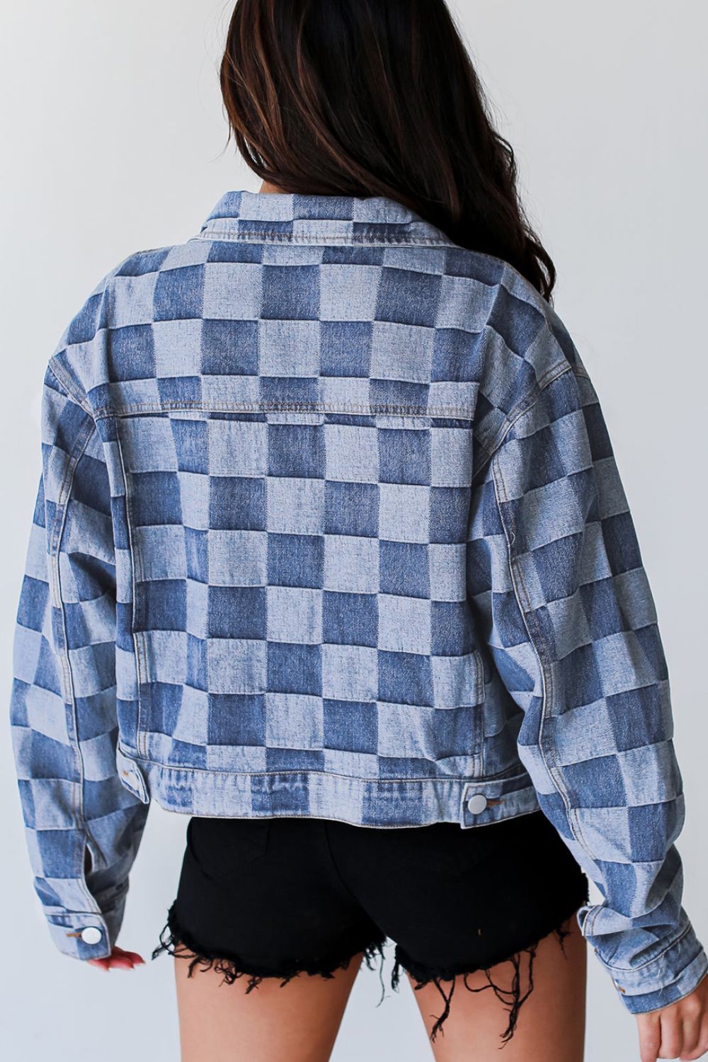 Checkered Button Up Denim Jacket