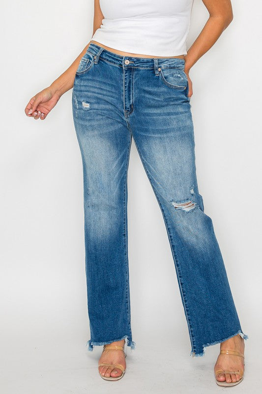 Full Size Raw Hem Distressed Mid Rise Straight Jeans