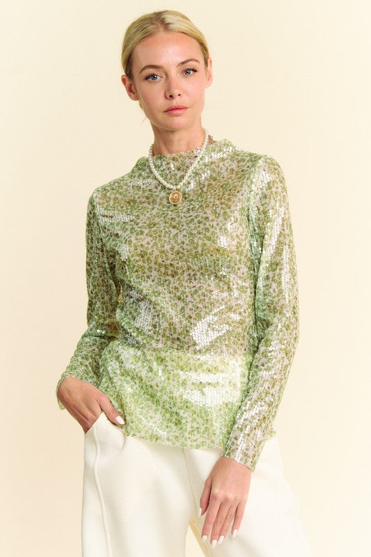 Sequin Mock Neck Long Sleeve Mesh Top