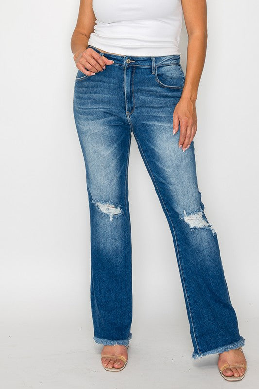 Full Size Raw Hem Distressed High Rise Bootcut Jeans