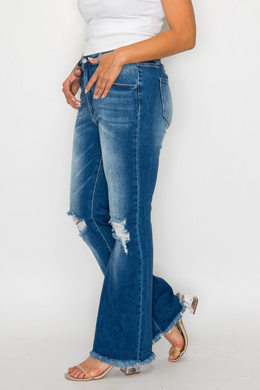 Full Size Raw Hem Distressed High Rise Bootcut Jeans