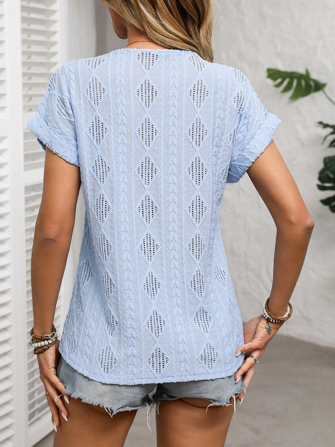 Openwork V-Neck Short Sleeve T-Shirt