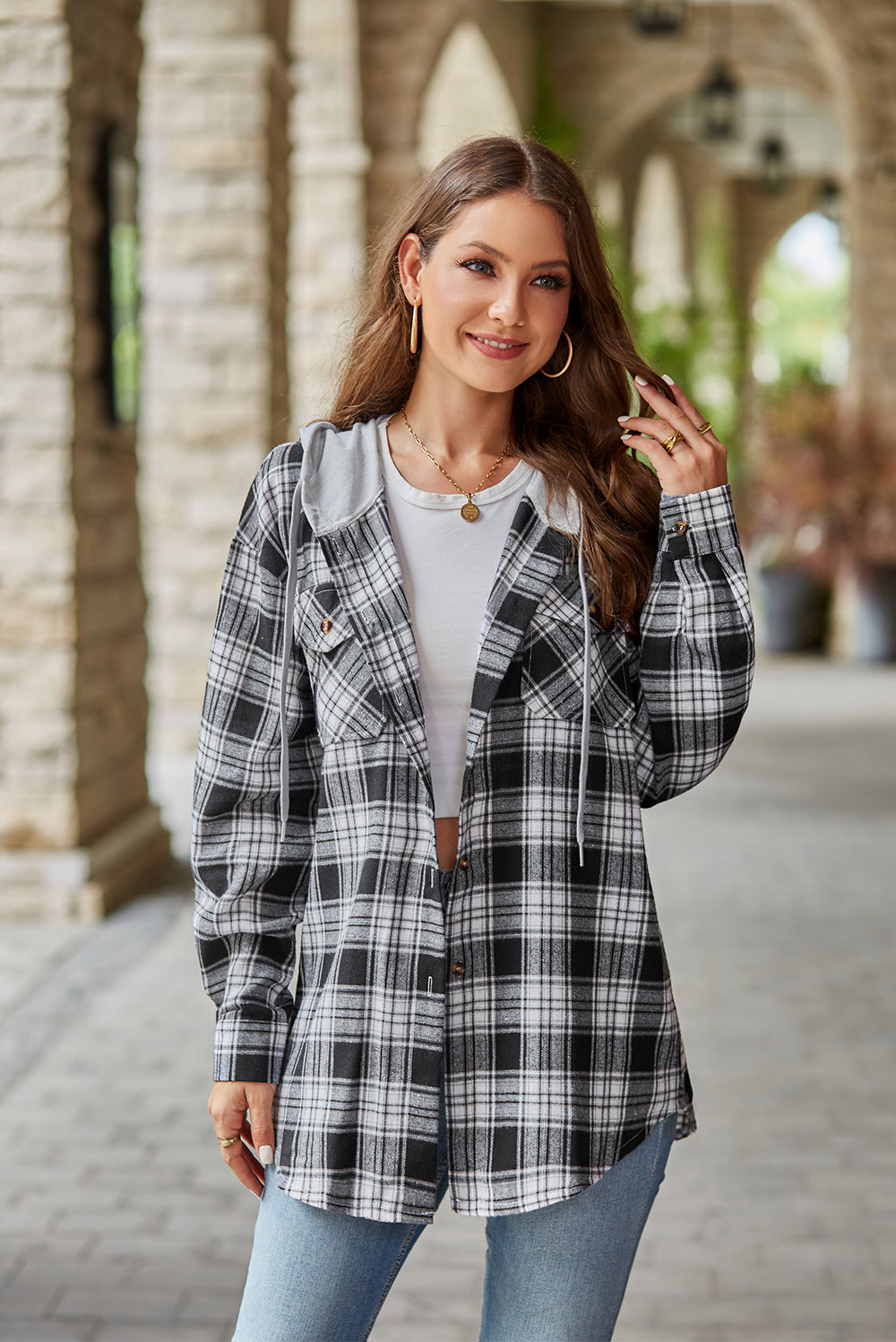 Plaid Long Sleeve Hooded Jacket