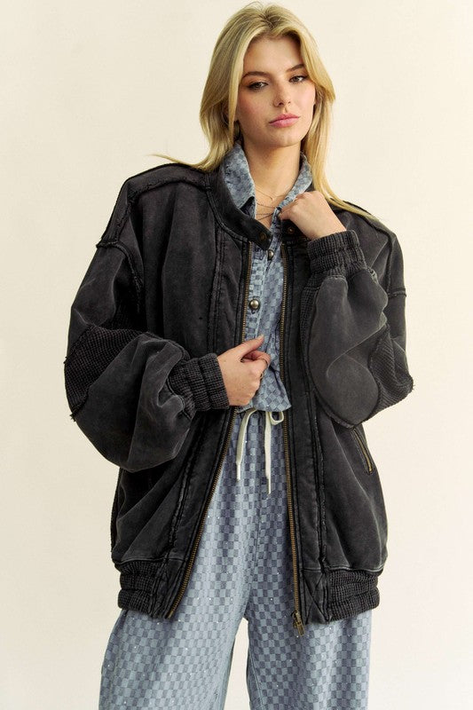 Exposed Seam Zip Up Dropped Shoulder Jacket