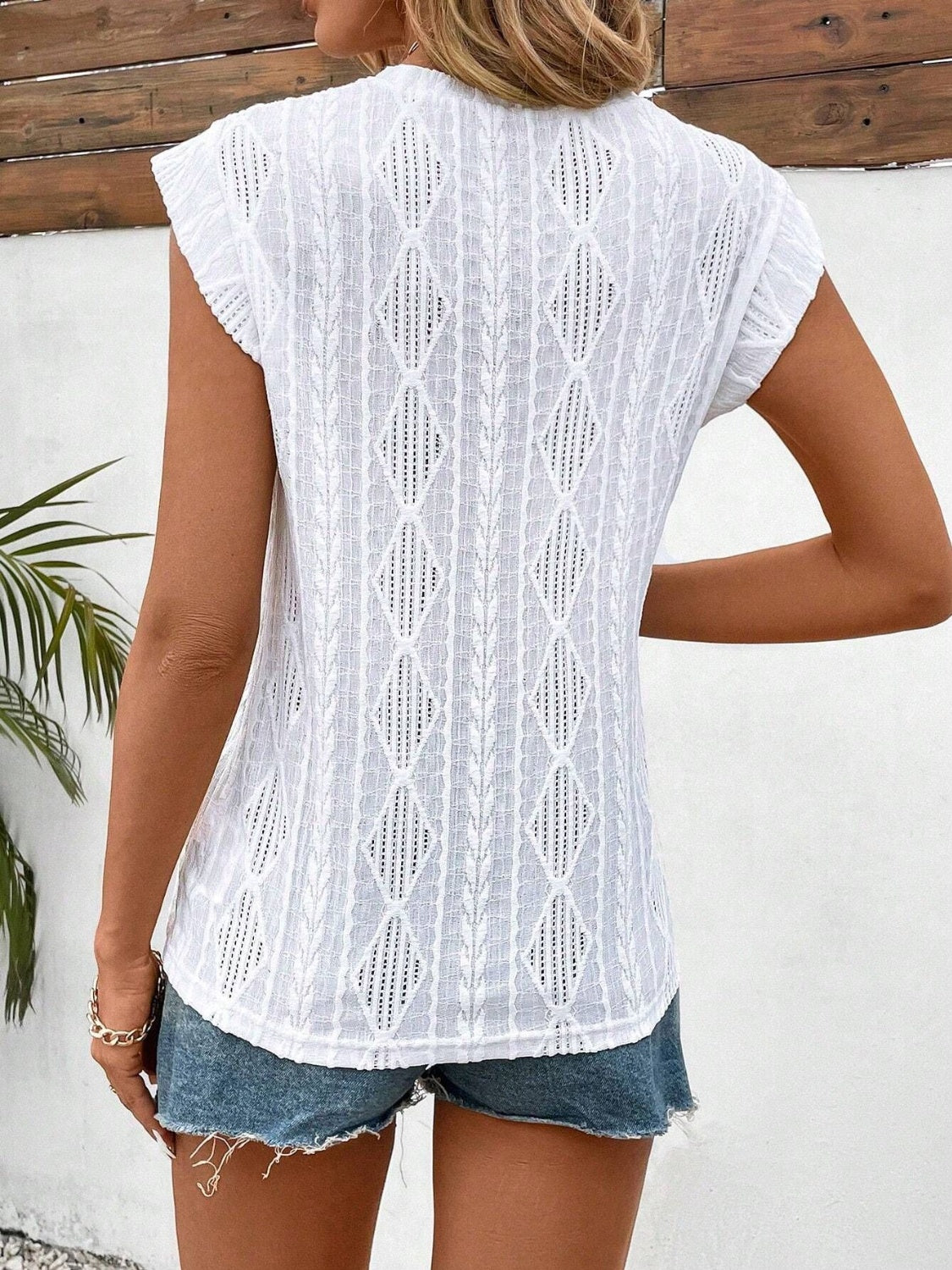 Openwork Round Neck Cap Sleeve Top