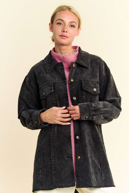 Washed Corduroy Raw Hem Button Up Jacket