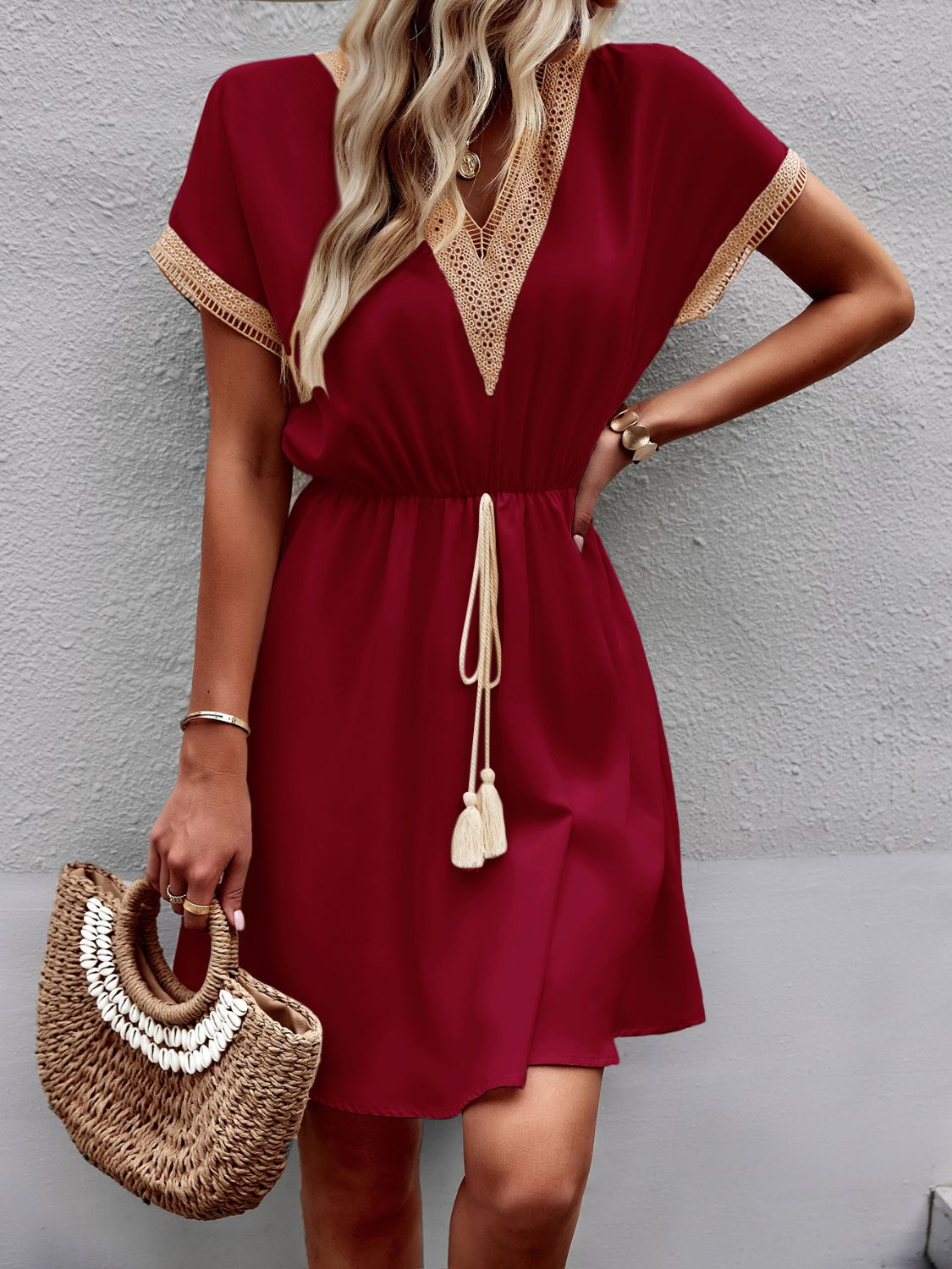 Contrast Trim V-Neck Short Sleeve Mini Dress