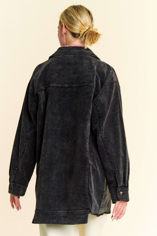 Washed Corduroy Raw Hem Button Up Jacket