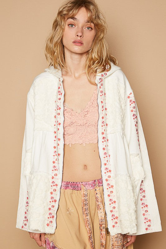 Embroidered Lace Patch Zip Up Hooded Jacket