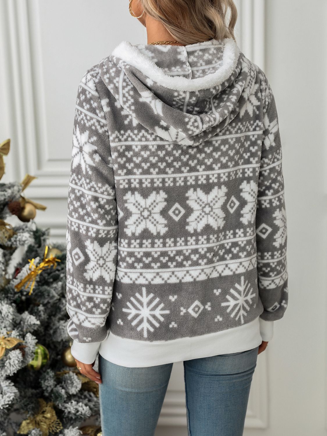 Drawstring Snowflake Zip Up Hooded Outerwear