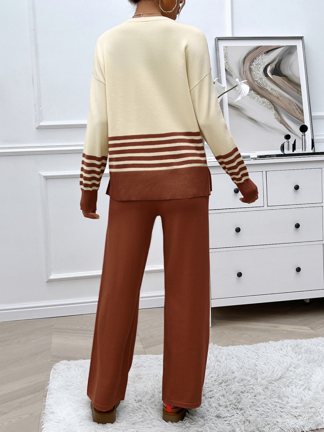 Slit Striped Round Neck Top and Pants Sweater Set