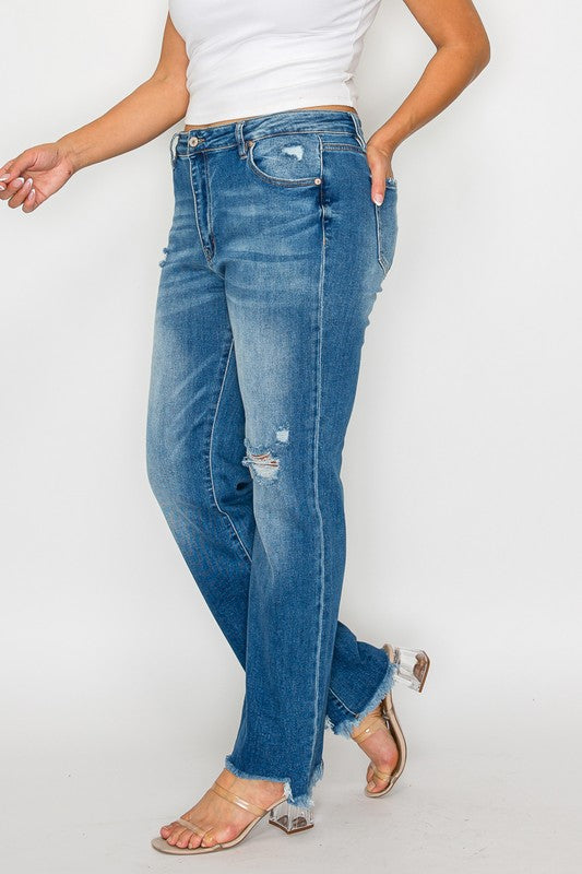 Full Size Raw Hem Distressed Mid Rise Straight Jeans