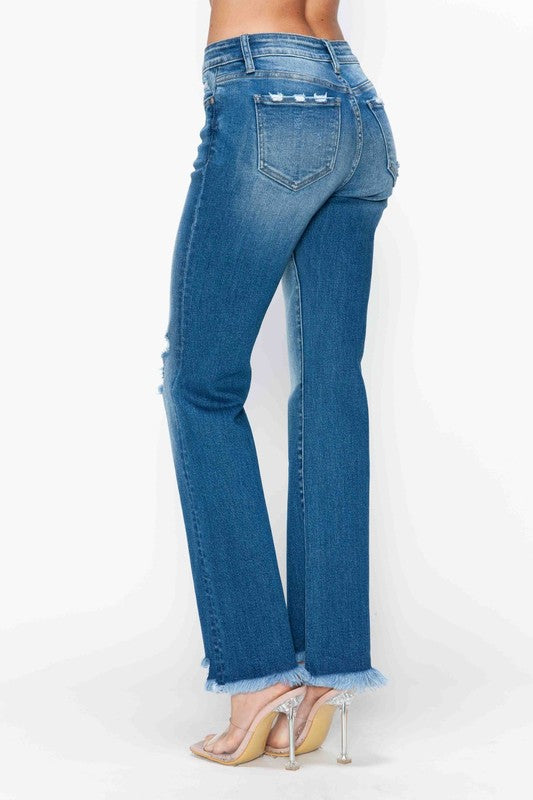 Full Size Raw Hem Distressed Mid Rise Straight Jeans