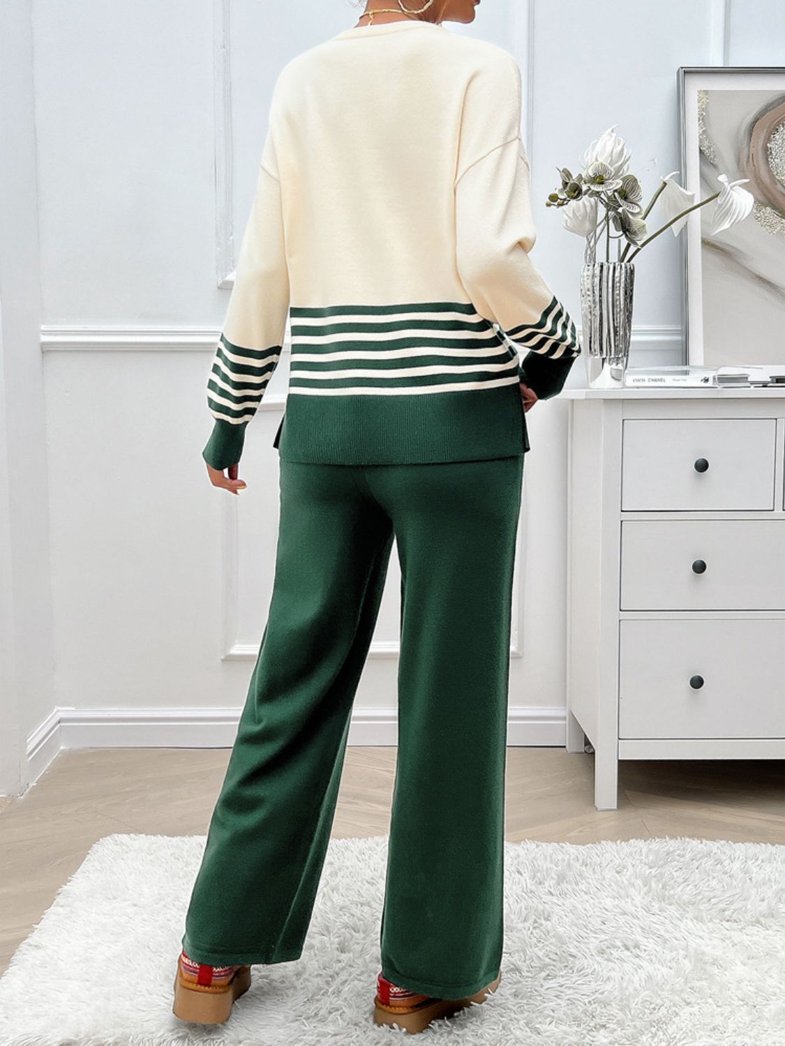 Slit Striped Round Neck Top and Pants Sweater Set