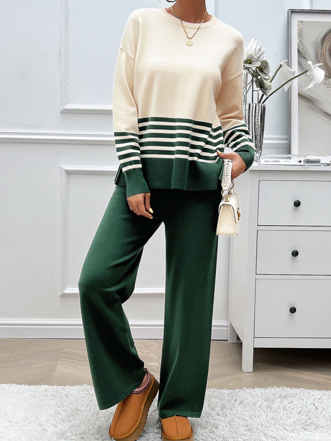 Slit Striped Round Neck Top and Pants Sweater Set