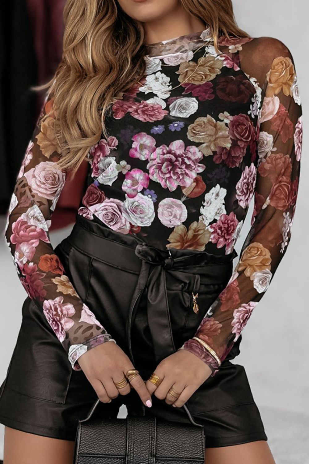 Floral Mock Neck Long Sleeve Mesh Top