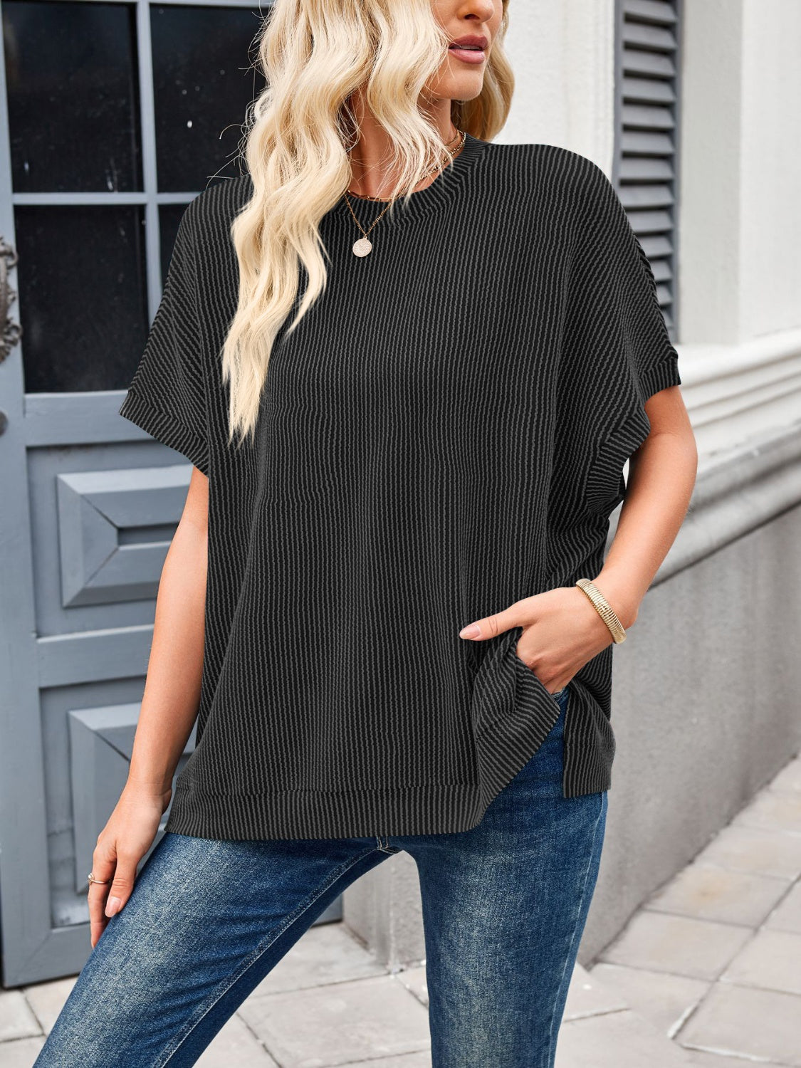 Texture Round Neck Short Sleeve T-Shirt