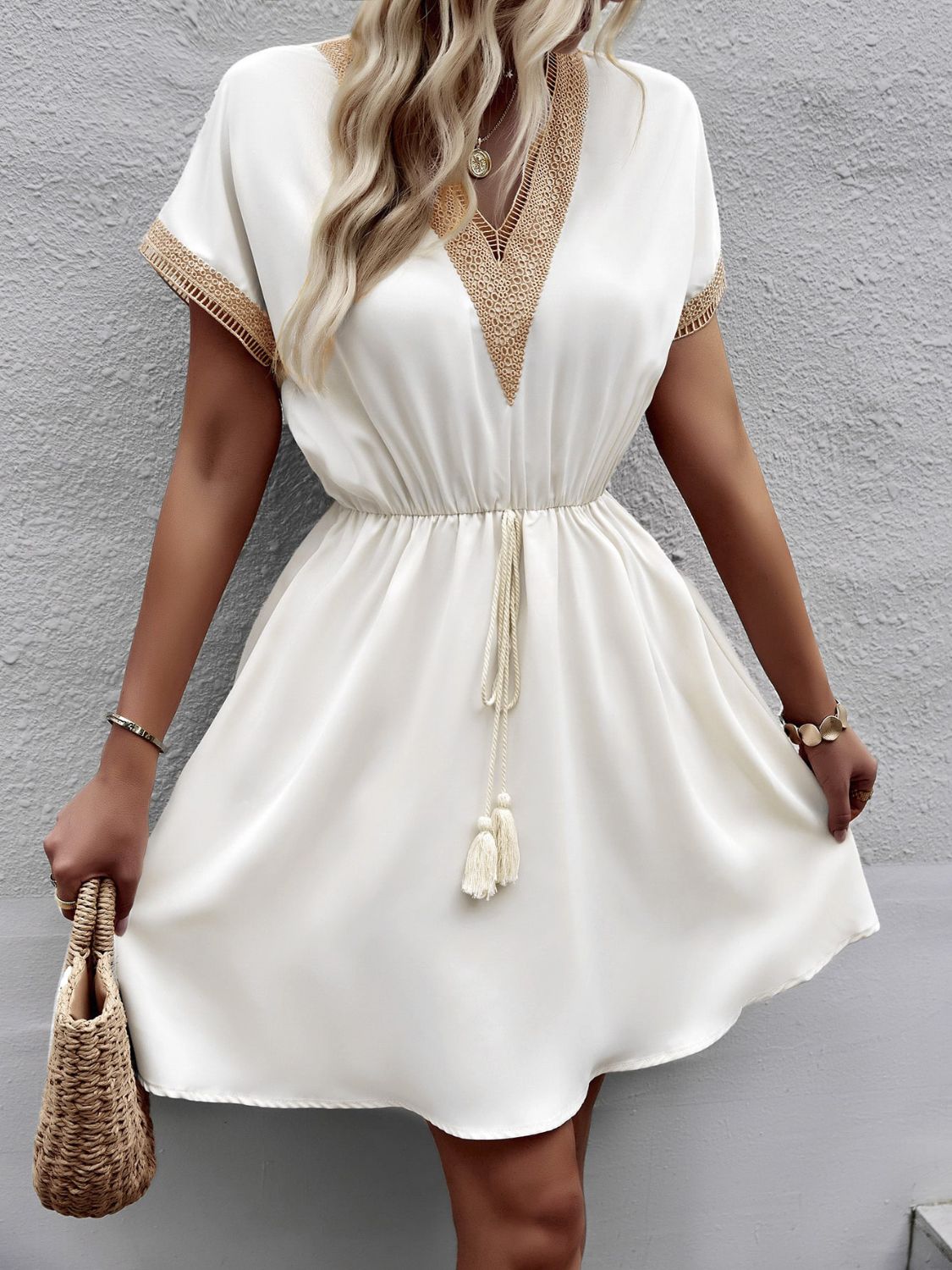 Contrast Trim V-Neck Short Sleeve Mini Dress