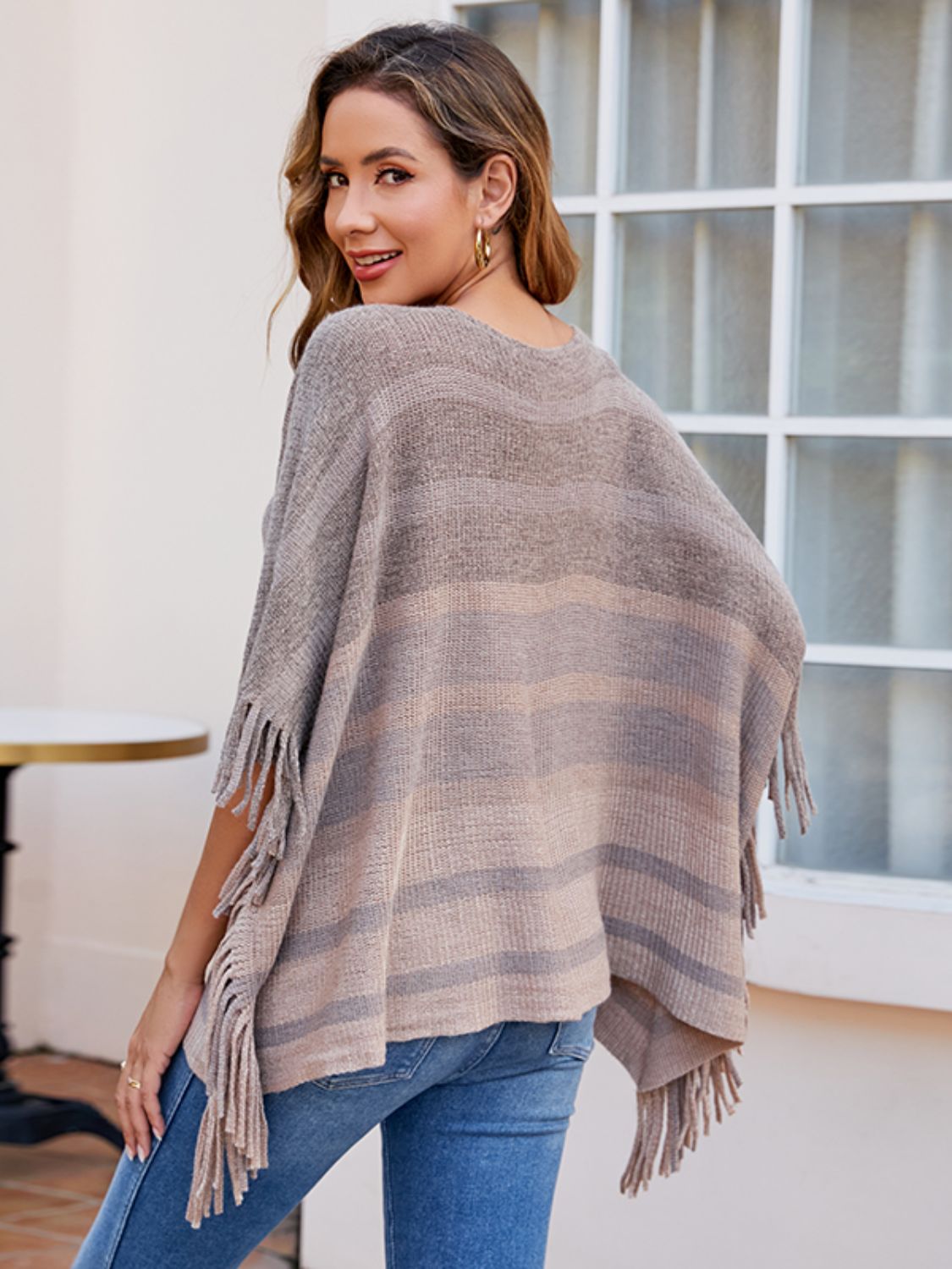 Striped Boat Neck Poncho with Fringes