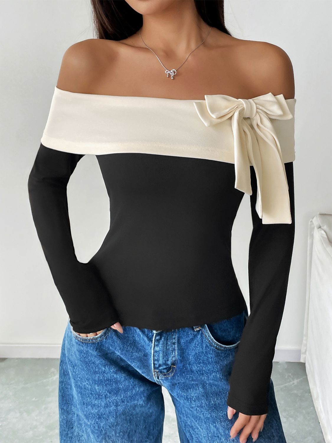 Bow Contrast Off-Shoulder Long Sleeve Top