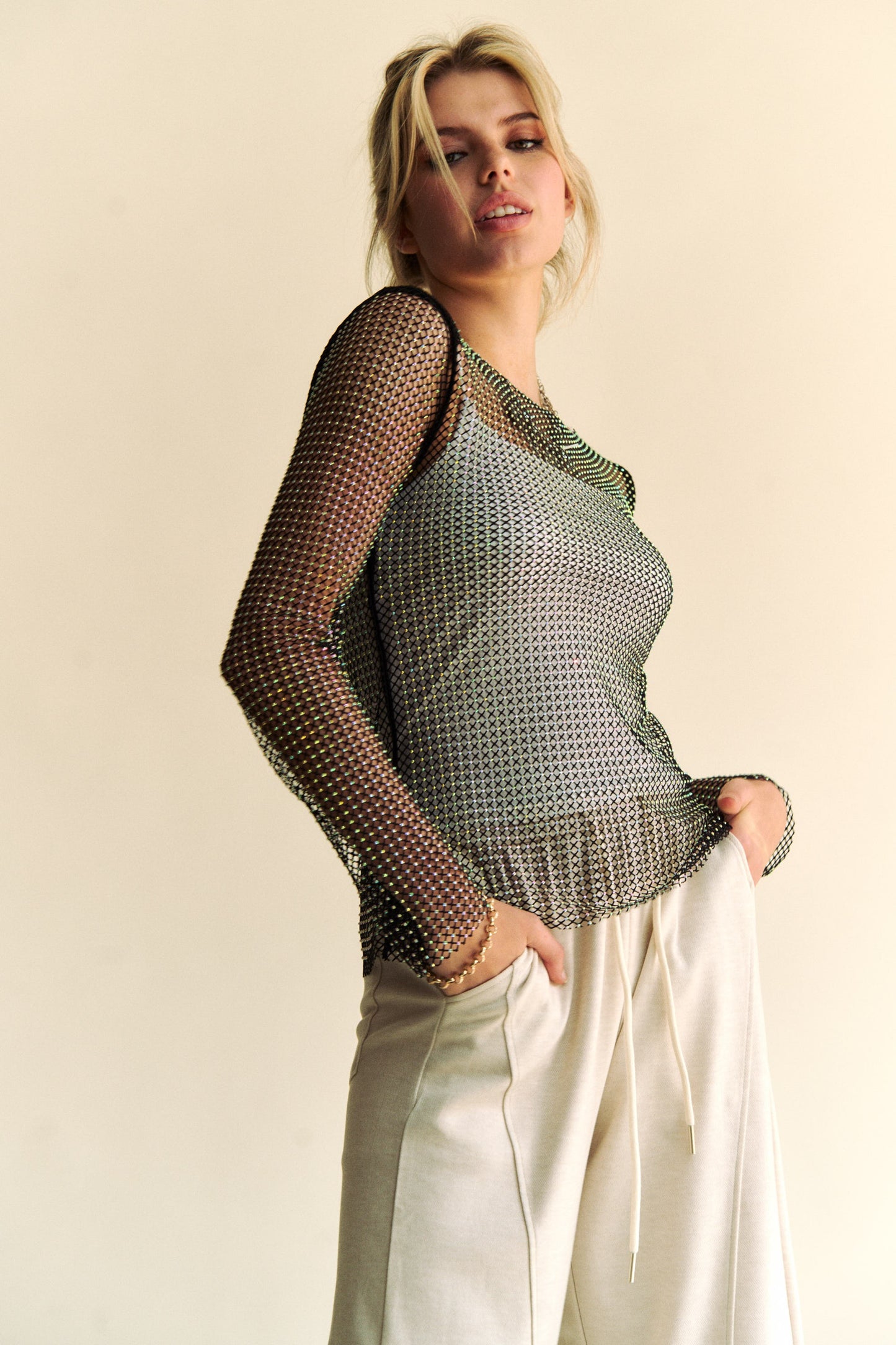 Sparkling Rhinestone Sheer Mesh Round Neck Top