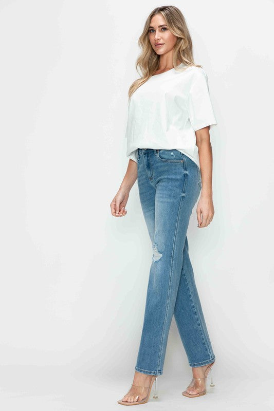 Full Size Distressed High Rise Straight Jeans