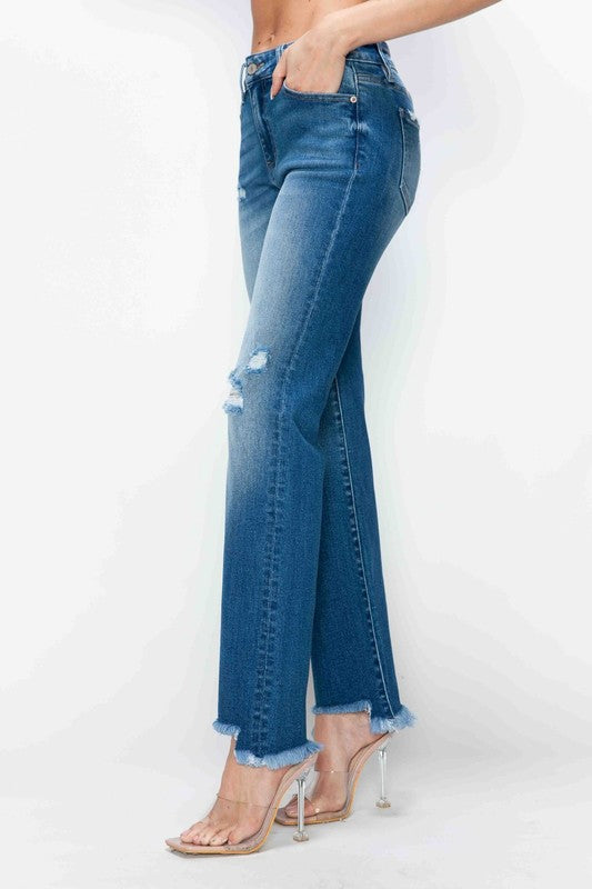 Full Size Raw Hem Distressed Mid Rise Straight Jeans