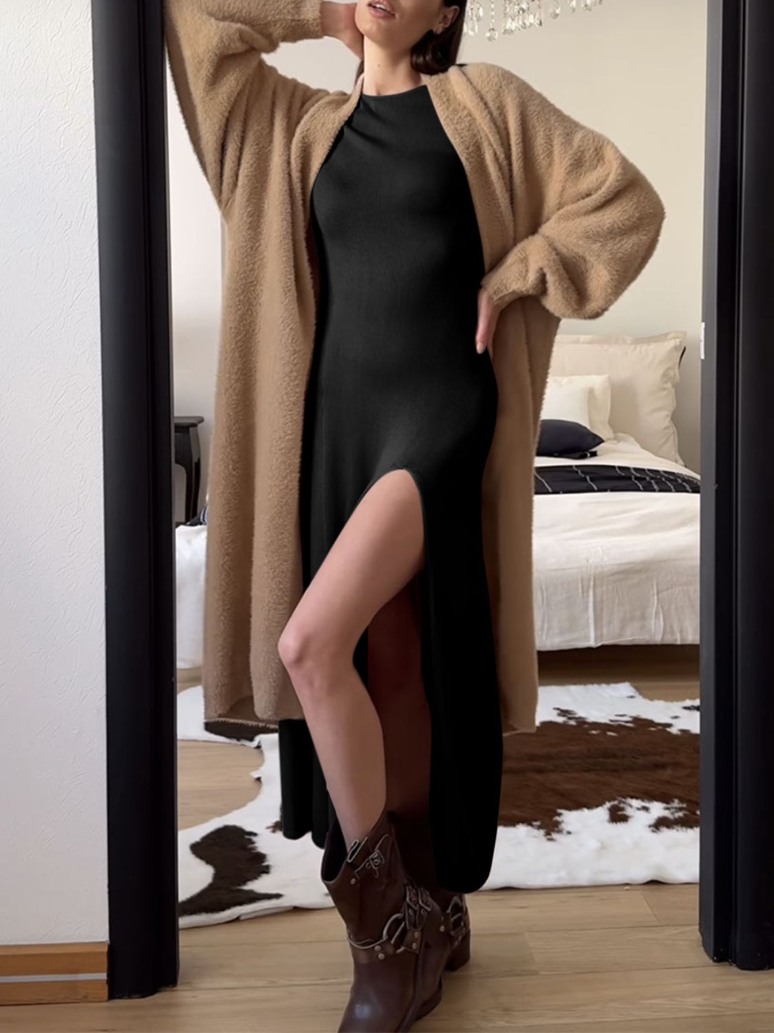 Side Slit Round Neck Long Sleeve Dress