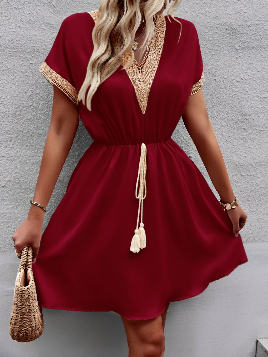 Contrast Trim V-Neck Short Sleeve Mini Dress