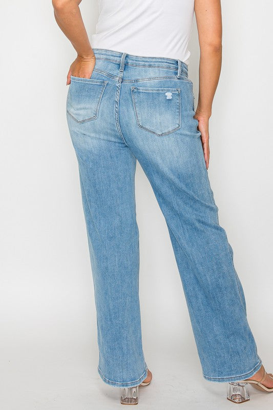 Full Size Distressed High Rise Straight Jeans