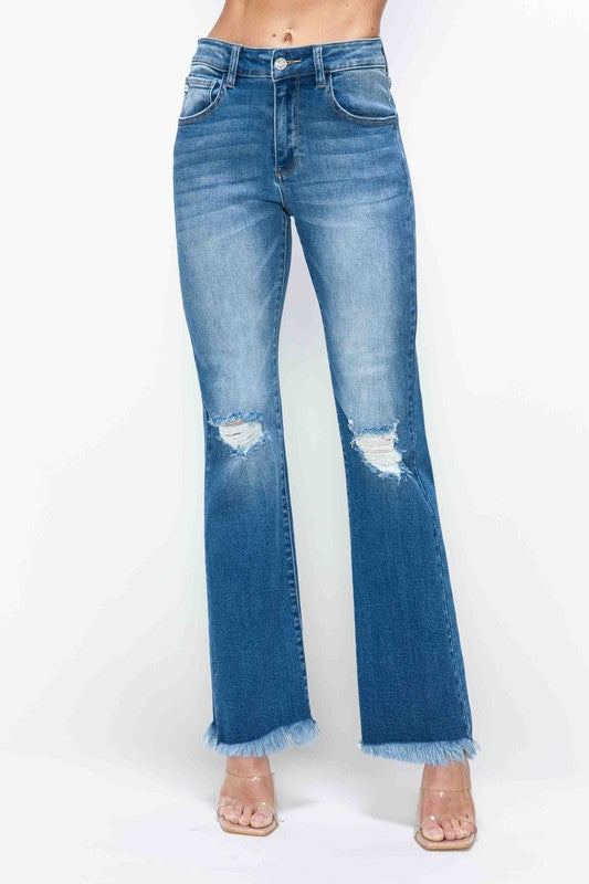 Full Size Raw Hem Distressed High Rise Bootcut Jeans