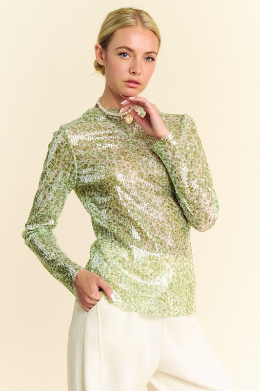 Sequin Mock Neck Long Sleeve Mesh Top