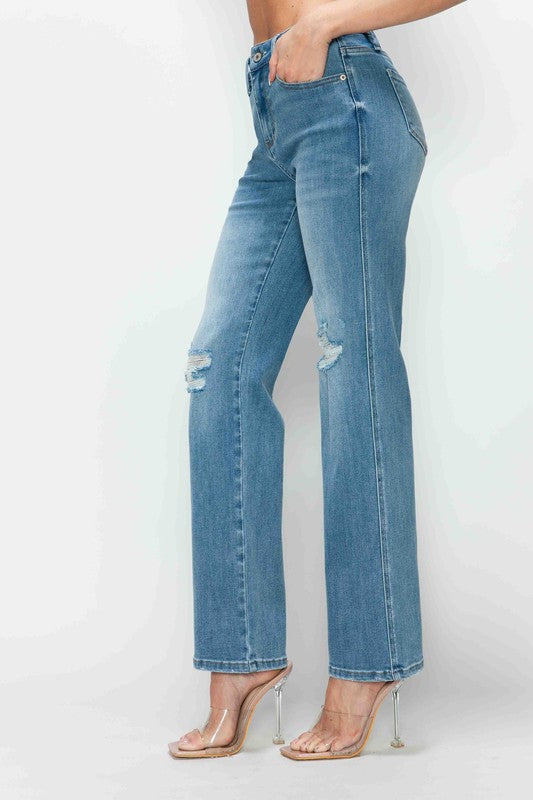 Full Size Distressed High Rise Straight Jeans