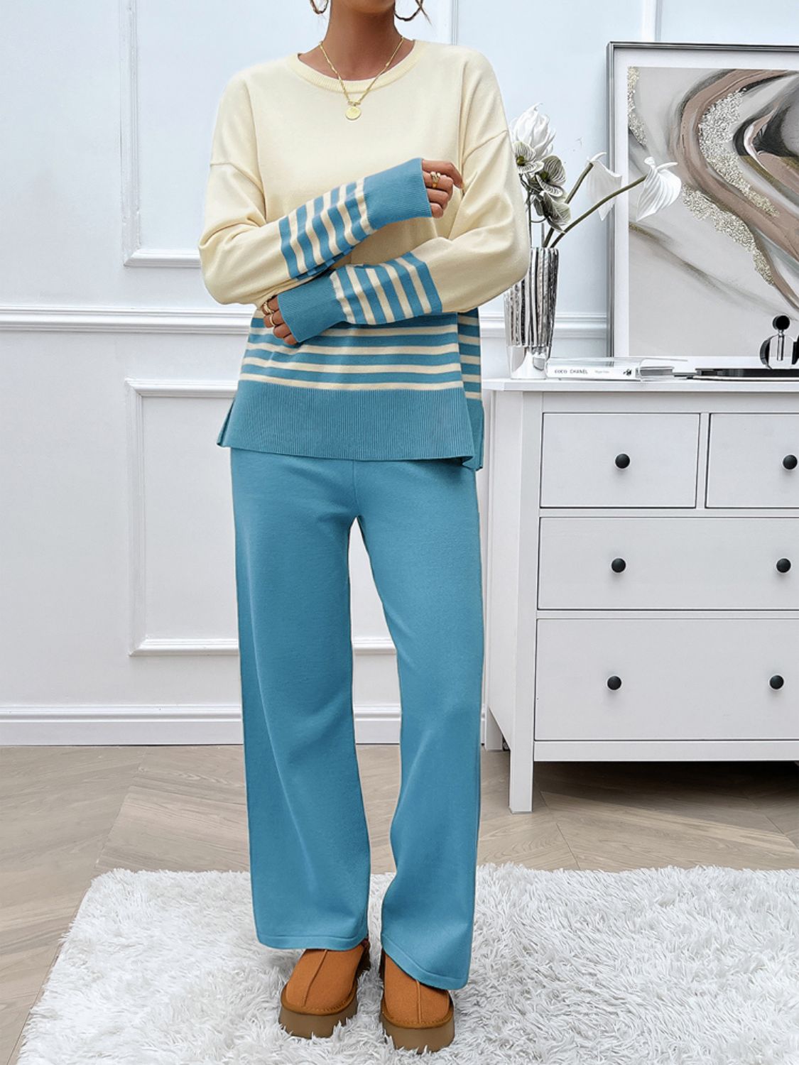 Slit Striped Round Neck Top and Pants Sweater Set