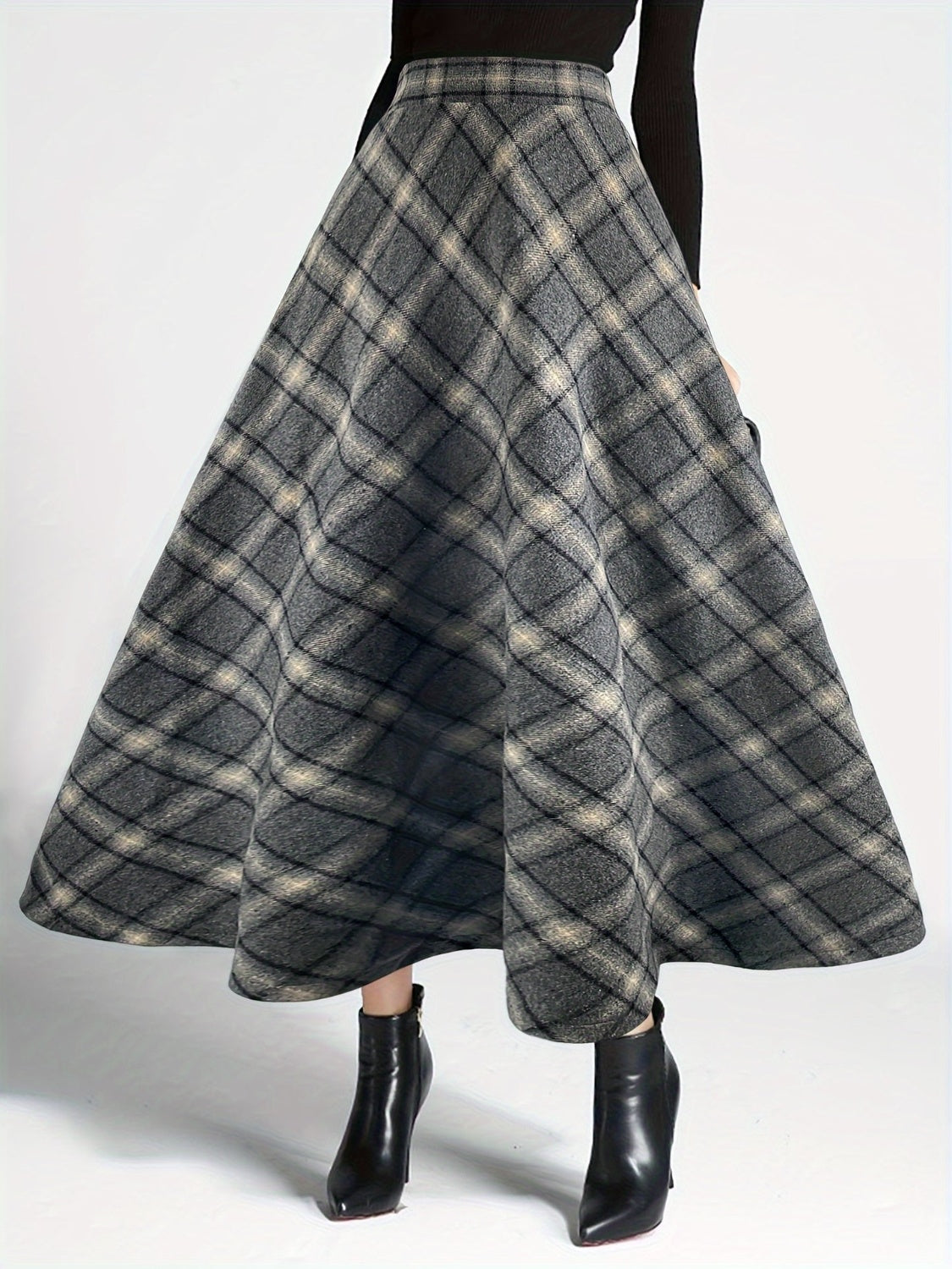 Plaid Elastic Waist Midi Skirt